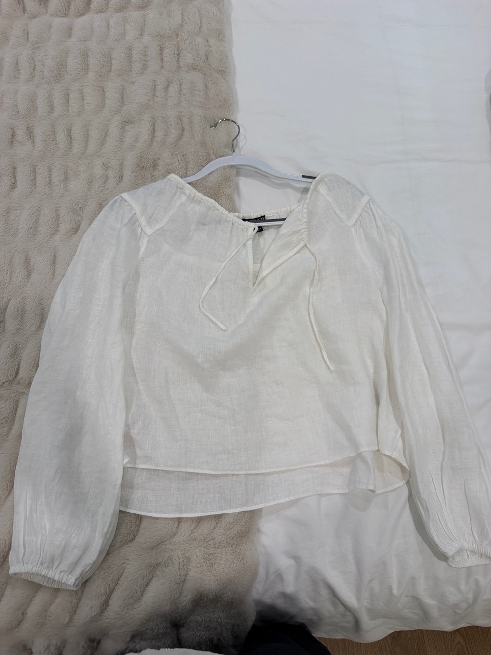 NWOT J. Crew White Linen Tie-Neck Peasant Blouse